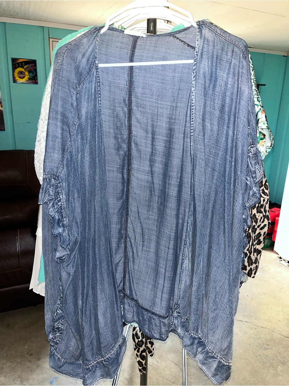easel Washed Blue Open Front Tunic Cardigan